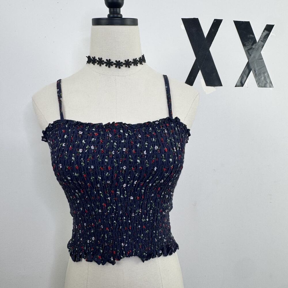Y2K Brandy Melville Gault Navy Floral Halter Crop Top Smocked Ruffle It-Girl